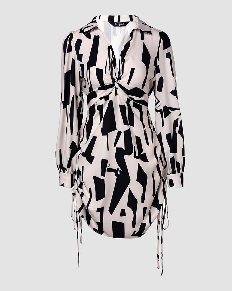 All Over Print Side Drawstring Twisted Shirt Dress