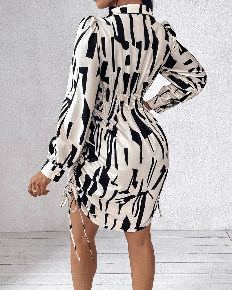 All Over Print Side Drawstring Twisted Shirt Dress