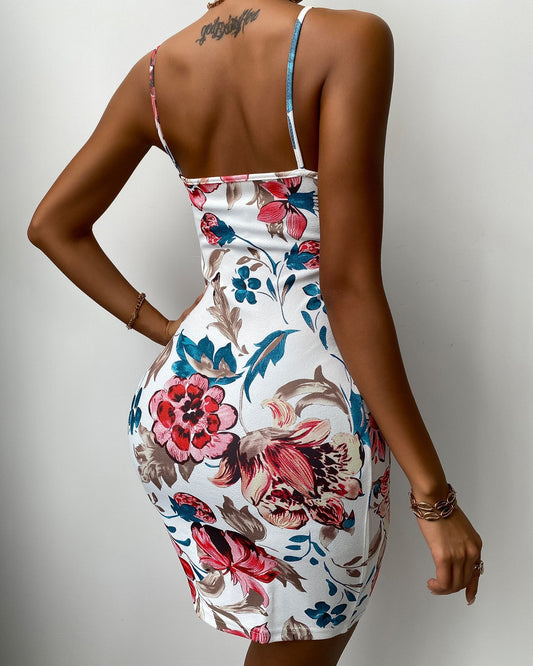 Spaghetti Strap Backless Floral Print Dress