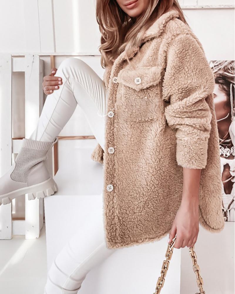 Pocket Design Buttoned Long Sleeve Teddy Coat