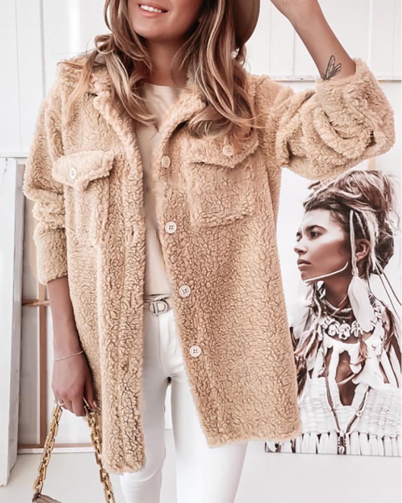 Pocket Design Buttoned Long Sleeve Teddy Coat