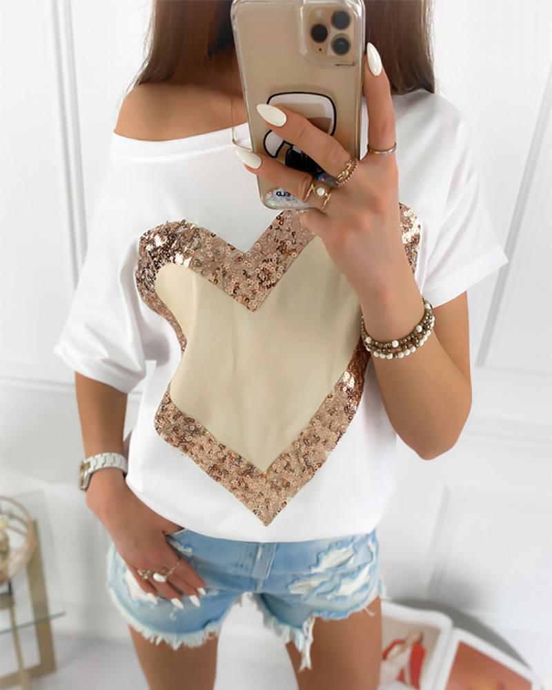 Heart Pattern Sequins Round Neck T shirt