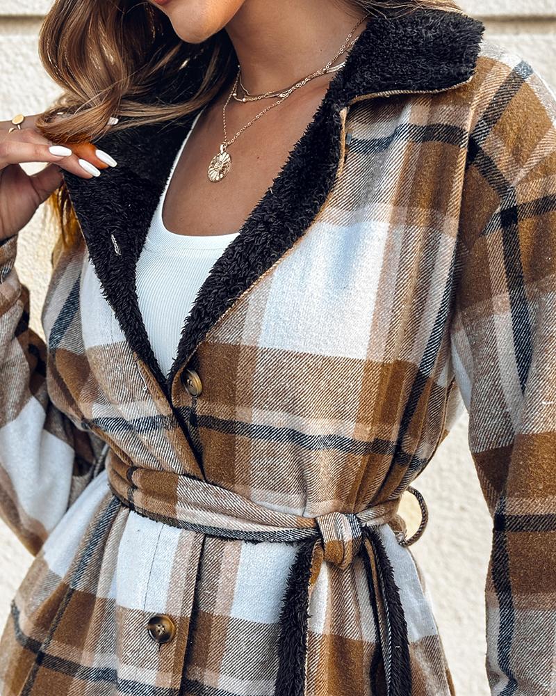 Plaid Pattern Reversible Fleece Teddy Coat Button Down Tied Detail Warm Jacket