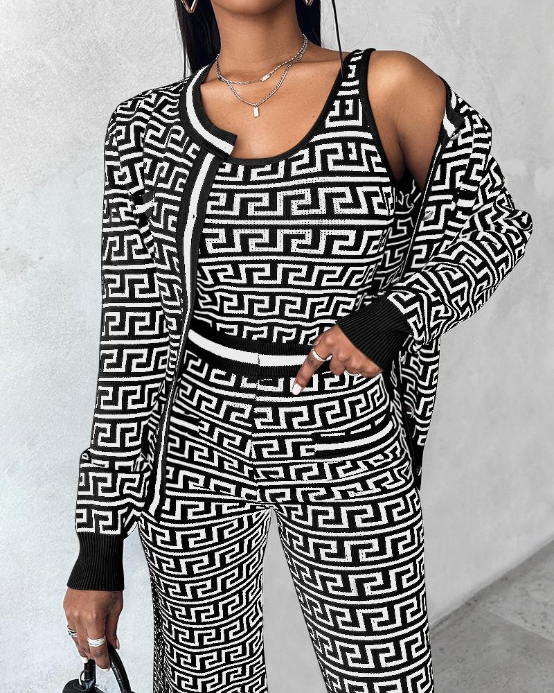 Geometric Pattern Tank Top & Pants Set With Cardigan