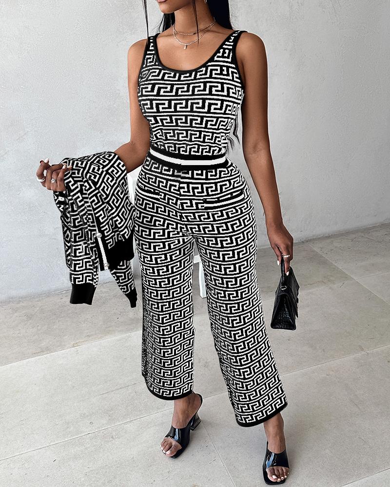 Geometric Pattern Tank Top & Pants Set With Cardigan