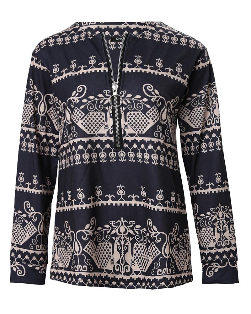 Tribal Print Zip Detail Long Sleeve Top