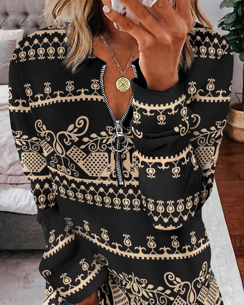 Tribal Print Zip Detail Long Sleeve Top