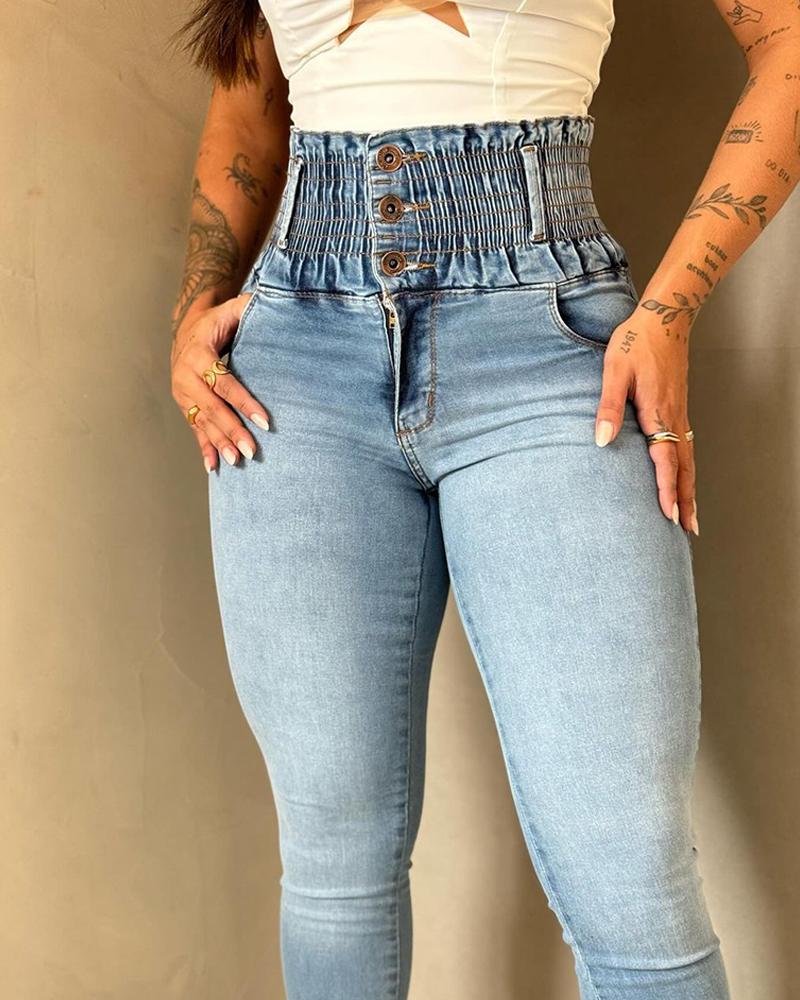 Stretchy Shirred High Waist Skinny Jeans