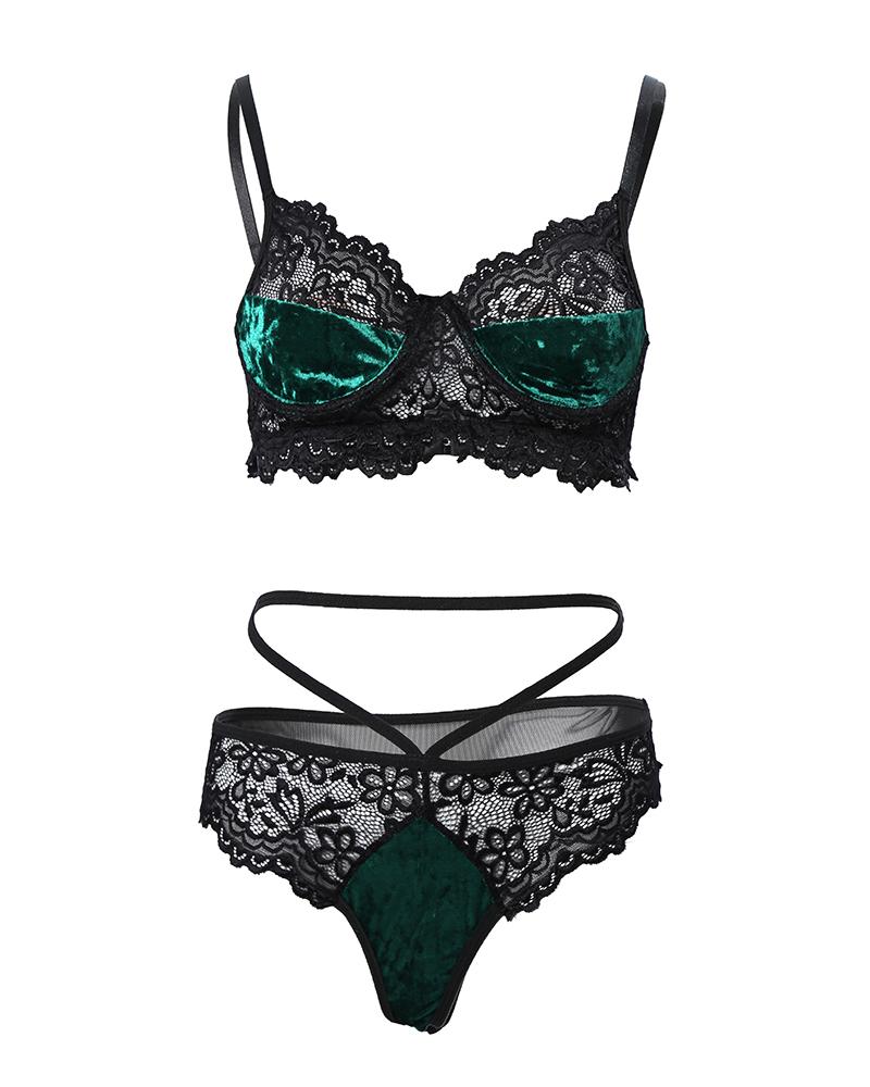 Contrast Velvet Lace Lingerie Set