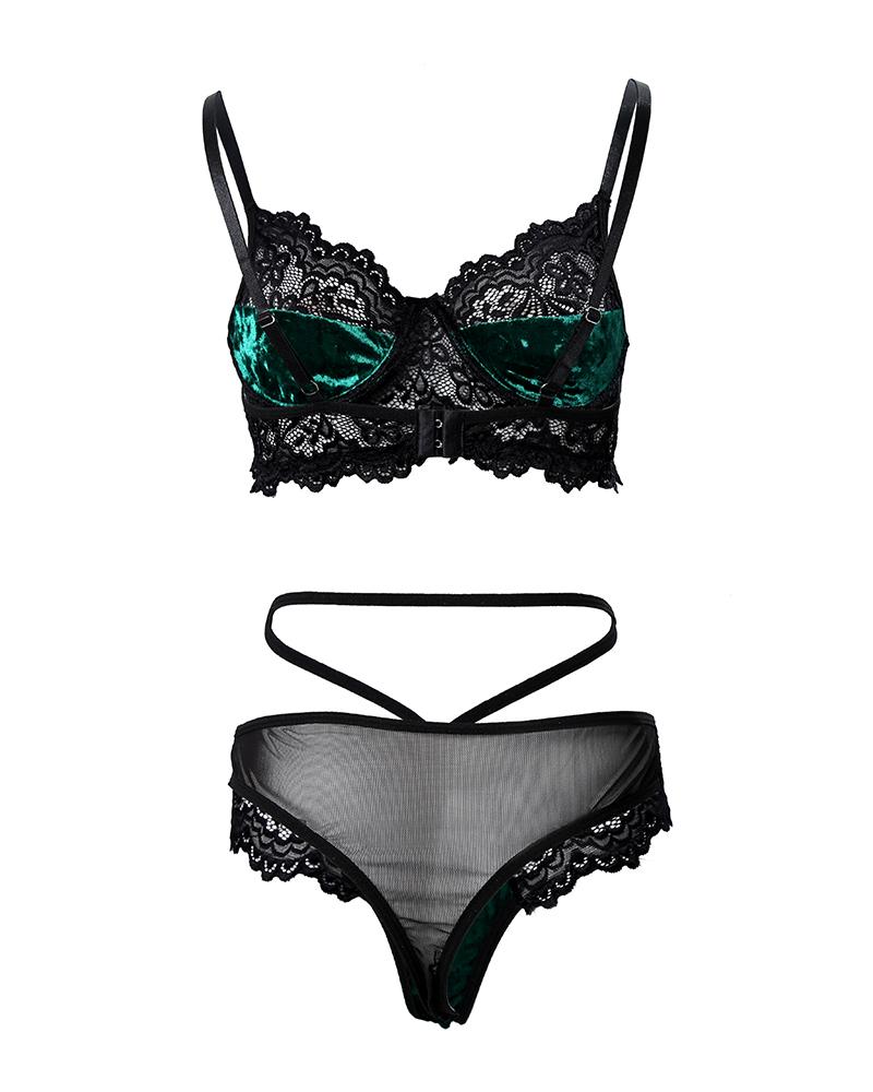 Contrast Velvet Lace Lingerie Set