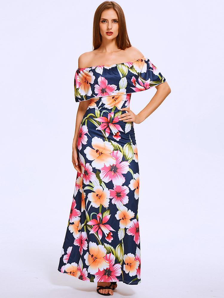 Summer Slash Neck Off Shoulder Lotus Leaf Floral Maxi Chiff Dress