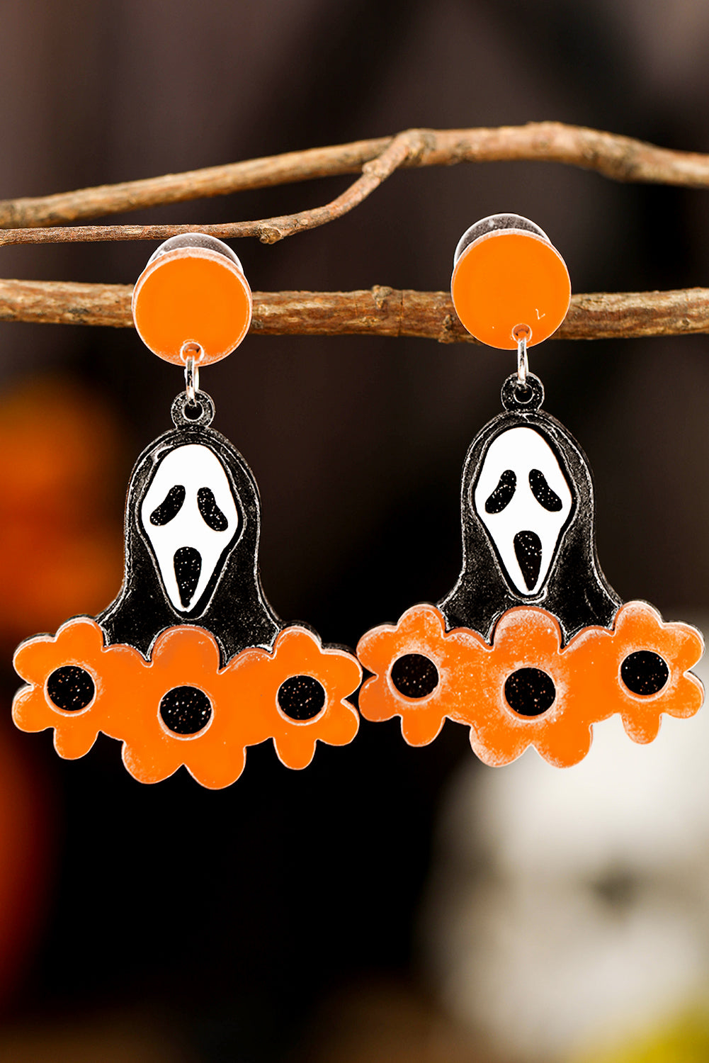 Orange Flower Ghost Halloween Acrylic Earrings