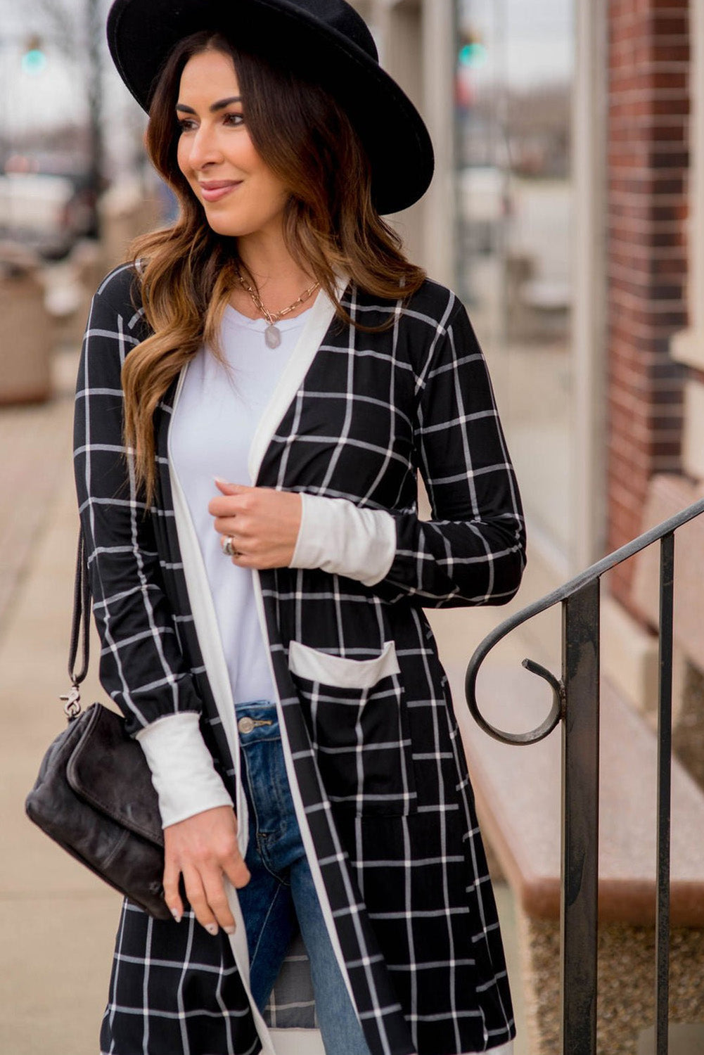 Black Plaid Colorblock Edge Open Cardigan with Pocket