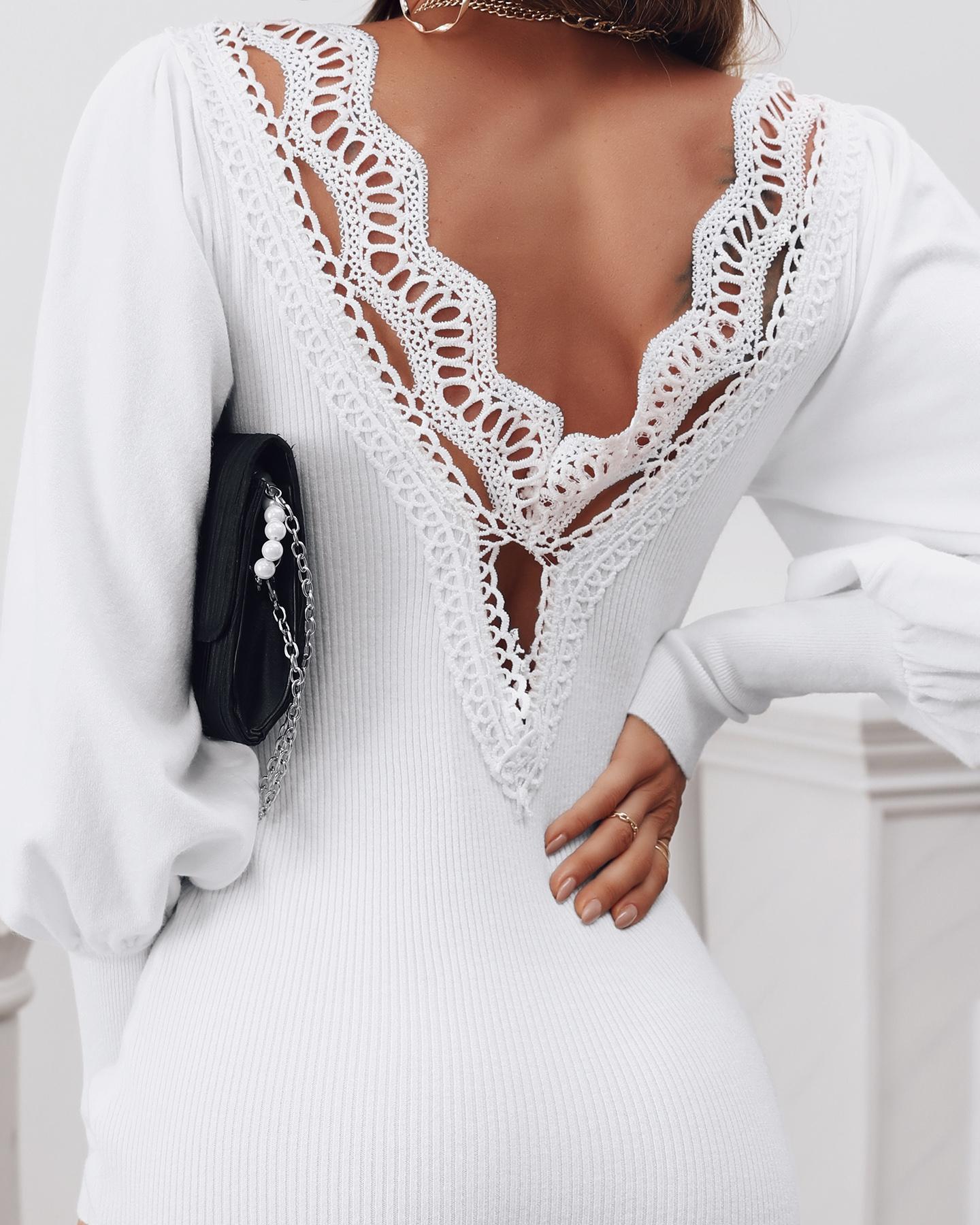 Lace Trim Backless Ribbed Sweater Dress