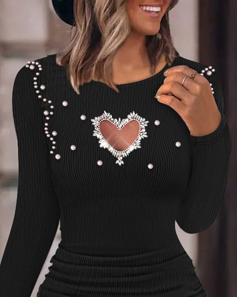 Hollow Heart Beaded Ribbed Bodycon Dress