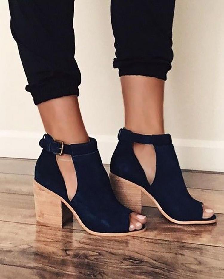 Side Cutout Open Toe Block Buckle Heels Sandals