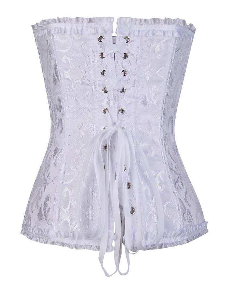 Baroque Pattern Tummy Control Overbust Boned Bustier Corset Eyelet Lace up Shapewear Top