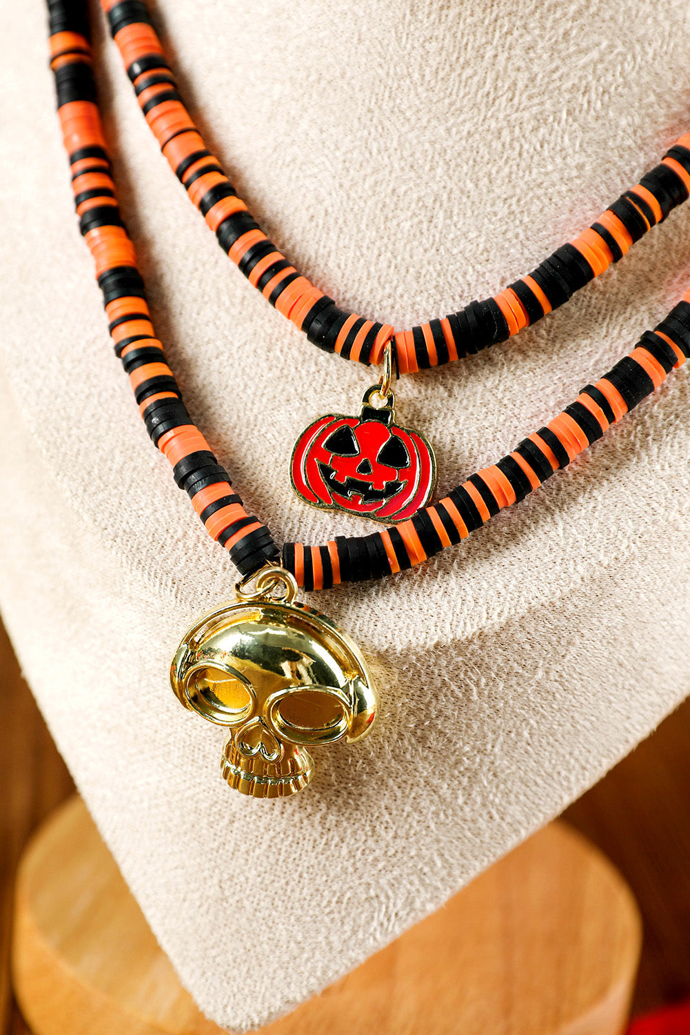 Russet Orange Skull Pumpkin Face Pendant Layered Beaded Halloween Necklace