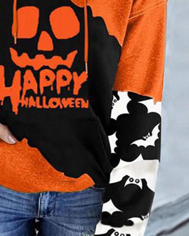 Halloween Colorblock Scary Face Print Hooded Sweatshirt