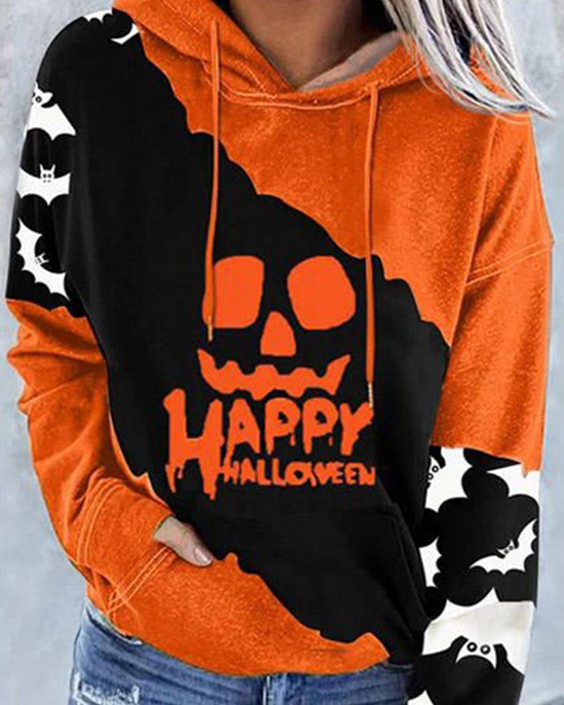 Halloween Colorblock Scary Face Print Hooded Sweatshirt