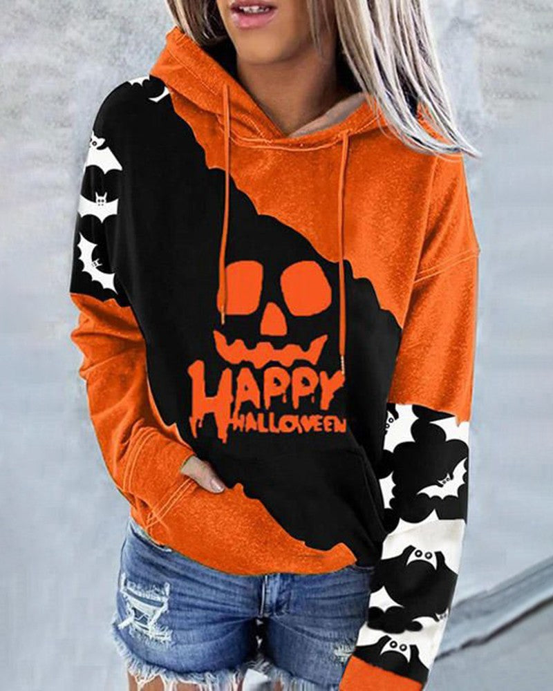 Halloween Colorblock Scary Face Print Hooded Sweatshirt