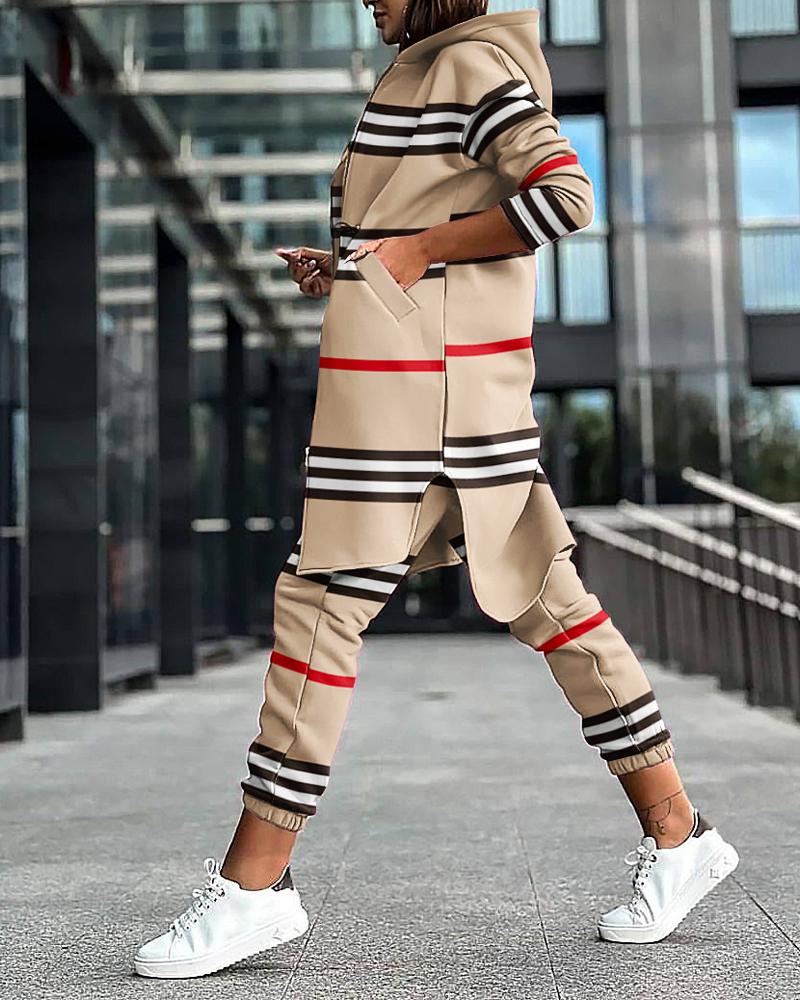 Striped Zipper Design Asymmetrical Hooded Sweatshirt & Cuffed Sweatpants Set