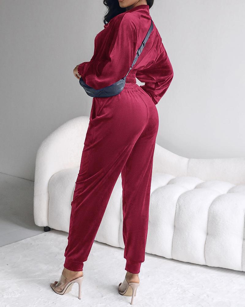 Stand Collar Zipper Design Velvet Coat &Cuffed Pants Tracksuit Set