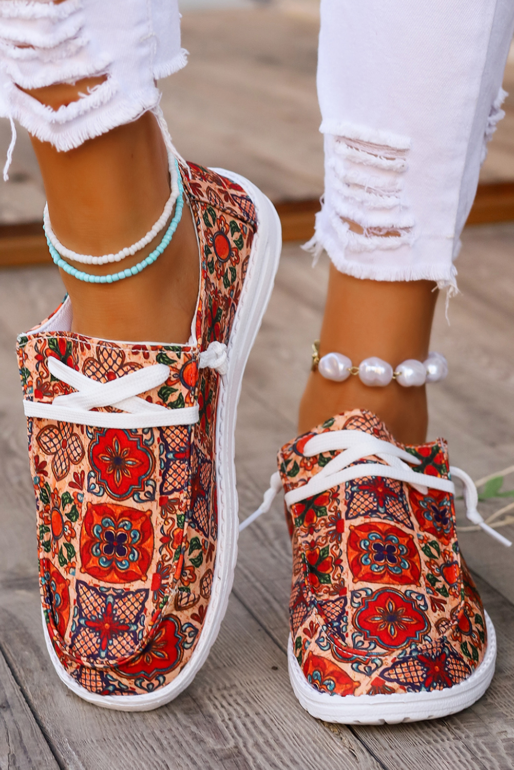 Fiery Red Western Printed Lacing Flat Slip On Shoes