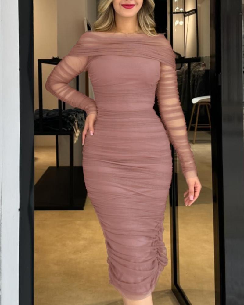 Off Shoulder Sheer Mesh Bodycon Dress Long Sleeve Ruched Midi Party Dress