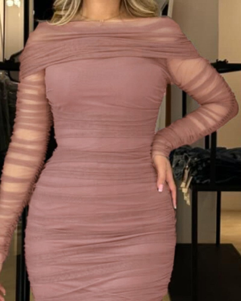 Off Shoulder Sheer Mesh Bodycon Dress Long Sleeve Ruched Midi Party Dress