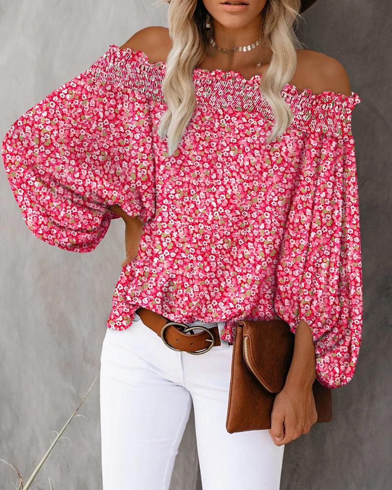 Pink Ditsy Floral Print Off Shoulder Shirred Top