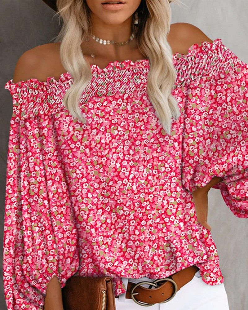 Pink Ditsy Floral Print Off Shoulder Shirred Top