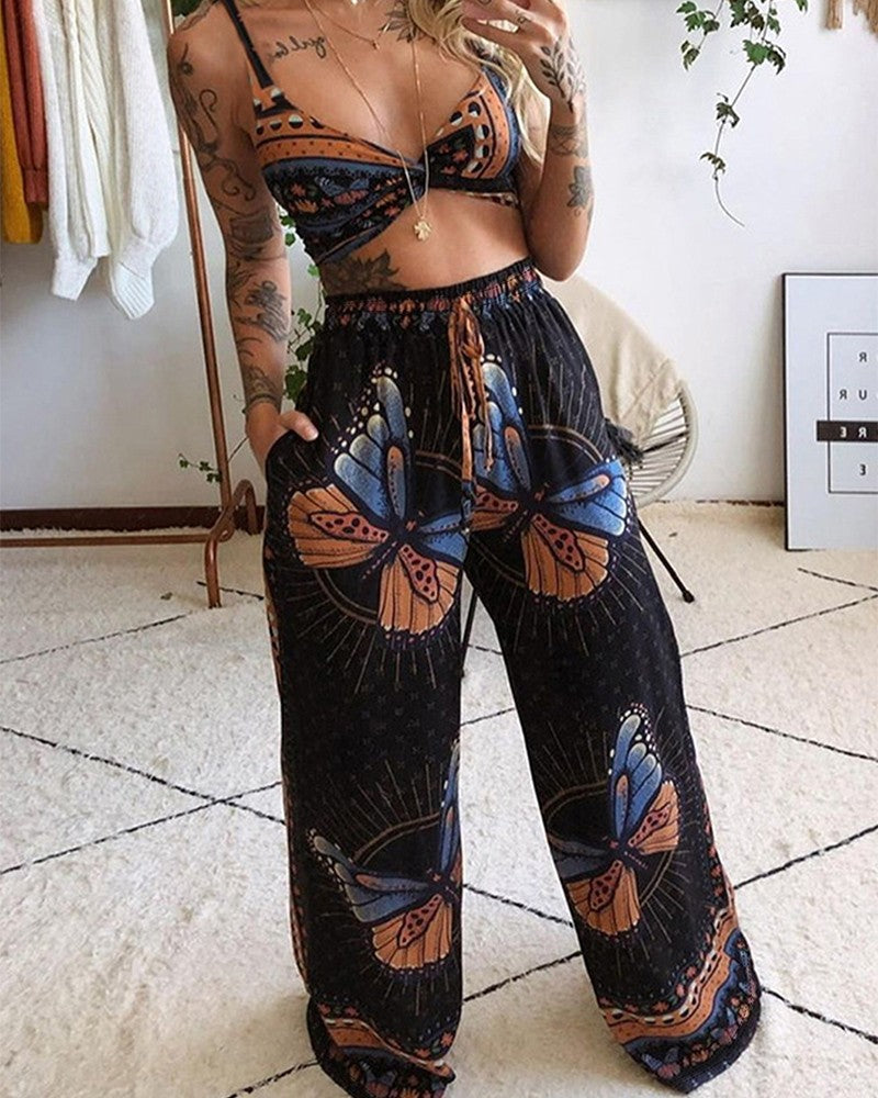 Butterfly Geometric Print Twisted Crop Top & Pocket Design Pants Set