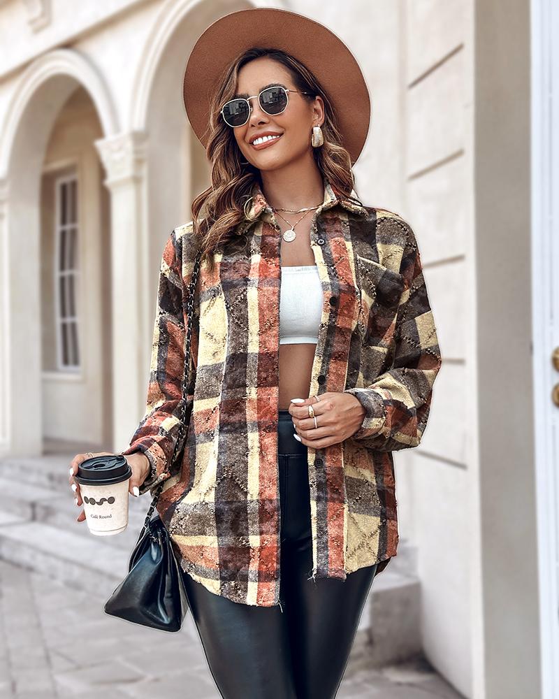 Plaid Pattern Long Sleeve Shacket Distressed Button Down Shirt