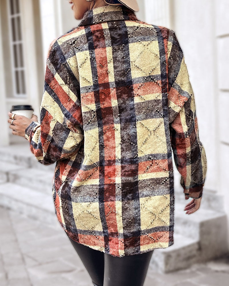 Plaid Pattern Long Sleeve Shacket Distressed Button Down Shirt