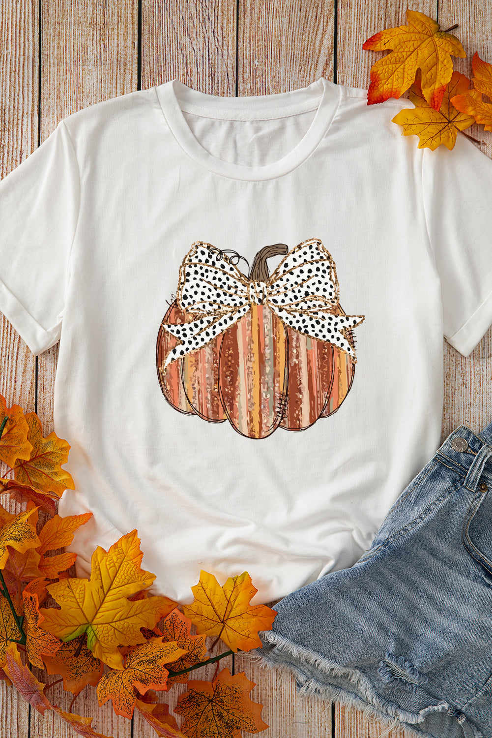 White Thanksgiving Bow Knot Pumpkin Print Round Neck T Shirt