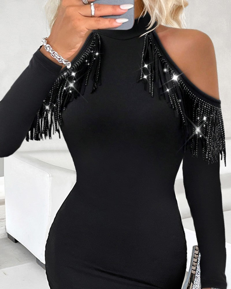 Rhinestone Cold Shoulder Tassel Design Bodycon Dress