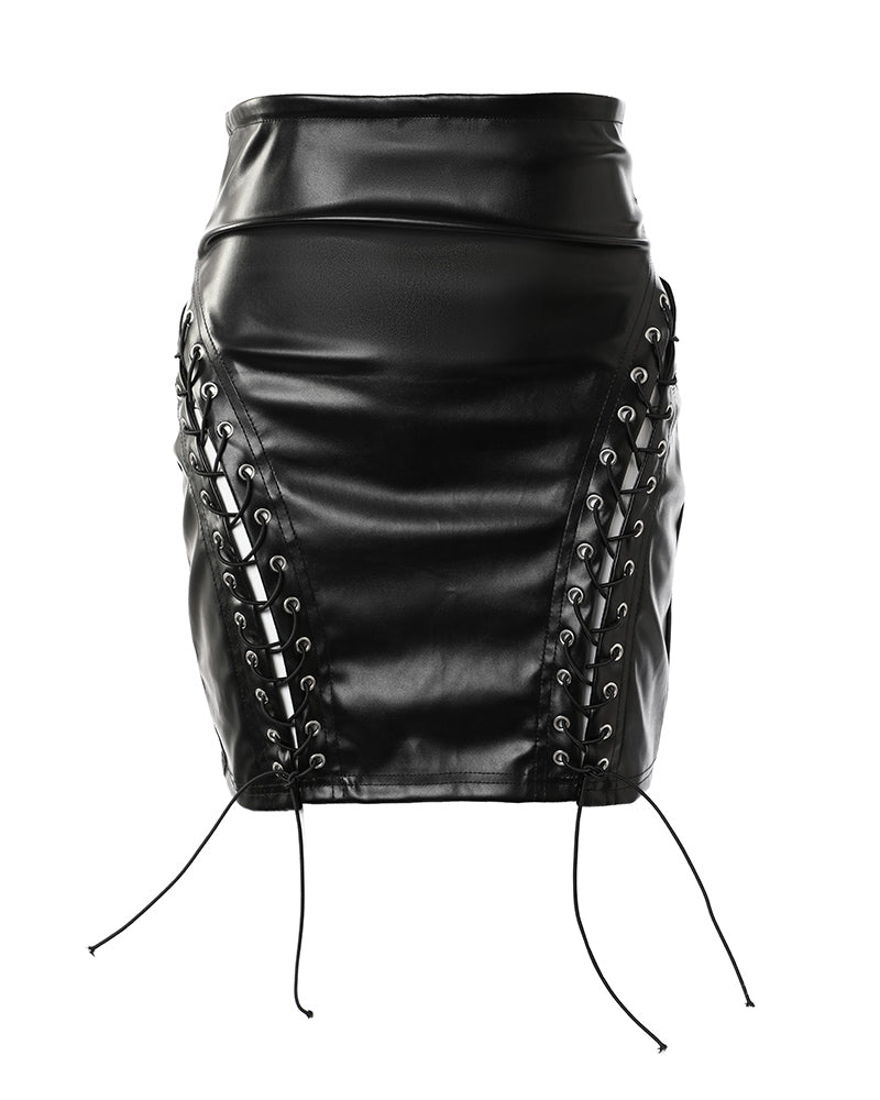 High Waist PU Leather Eyelet Lace Up Skirt