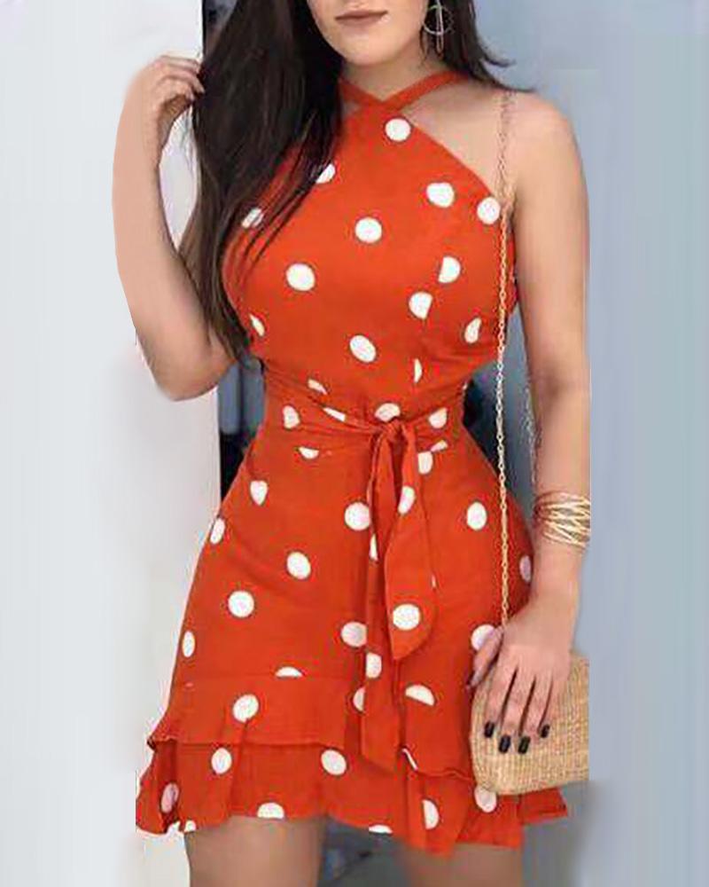 Polka Dots Print Tie Waist Ruffle Hem Dress