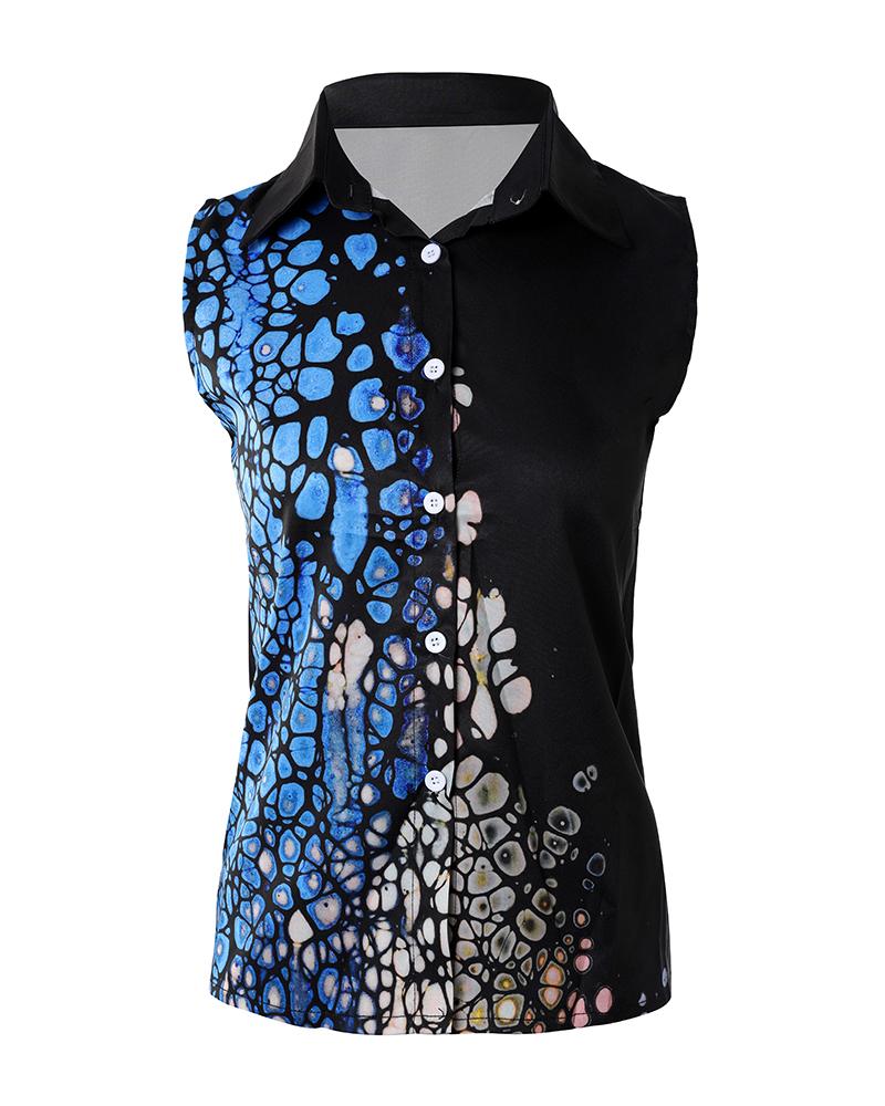 Abstract Print Sleeveless Button Down Shirt