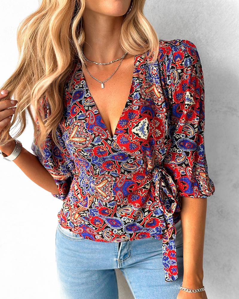 Paisley Print Overlap V Neck Top