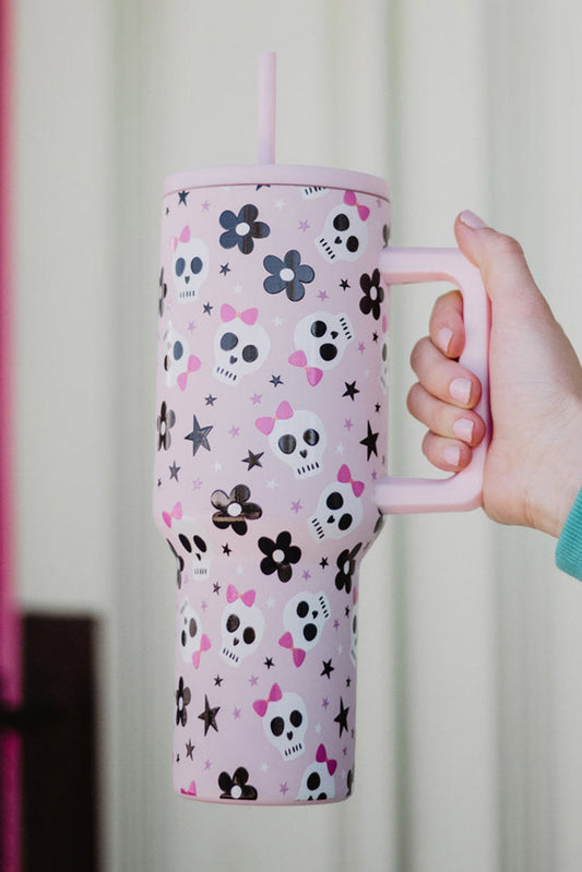 Light Pink Halloween Skull Flower Print Handle Large Vacuum Cup 40oz