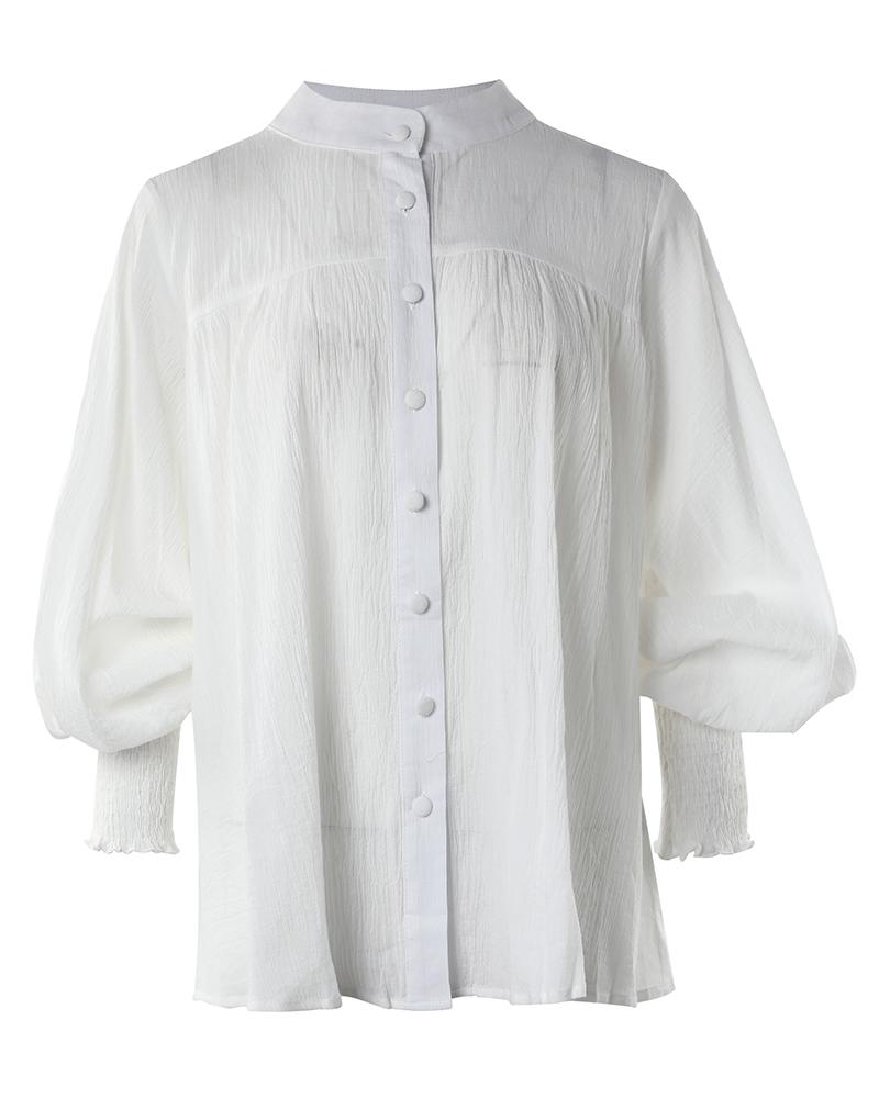 Lantern Sleeve Button Front Blouse