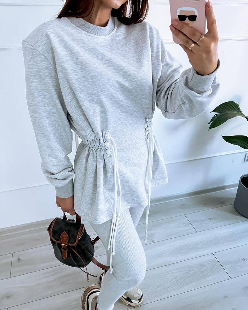 Drawstring Waist O Neck Long Sleeve Sweatshirt