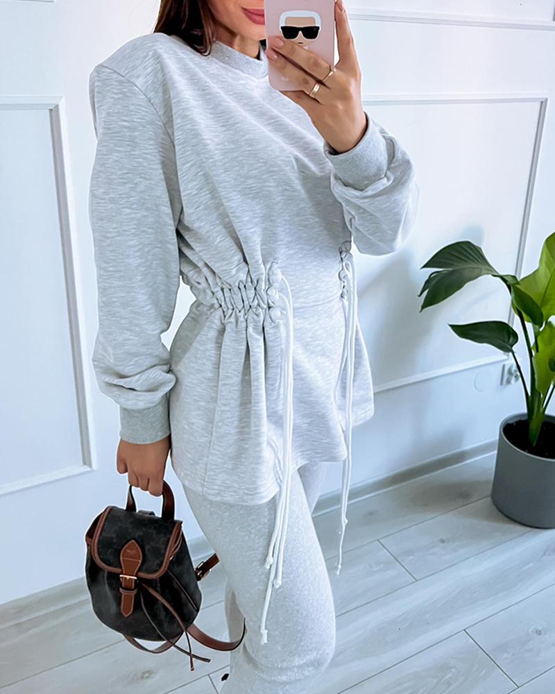 Drawstring Waist O Neck Long Sleeve Sweatshirt