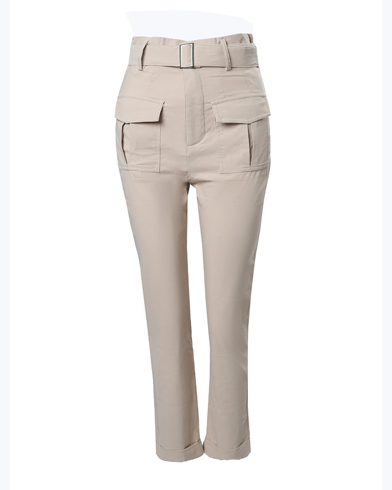 High Waist Pocket Design Cargo Pants With Belt