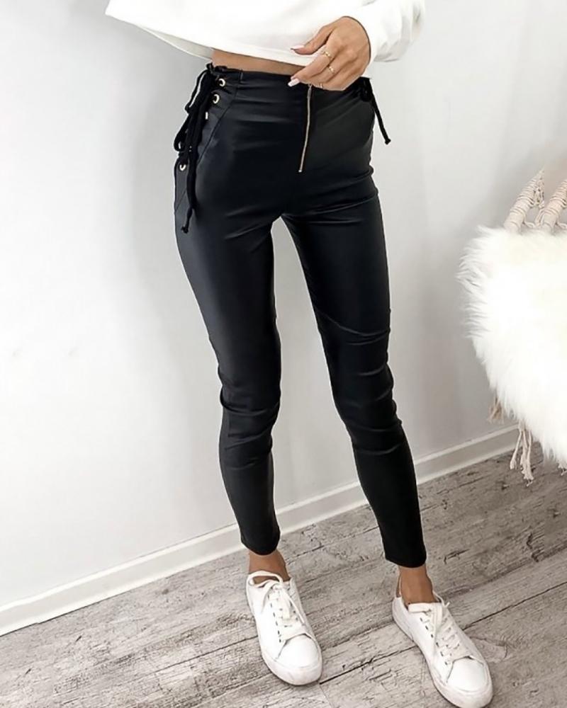 Eyelet Lace up PU Leather Skinny Pants