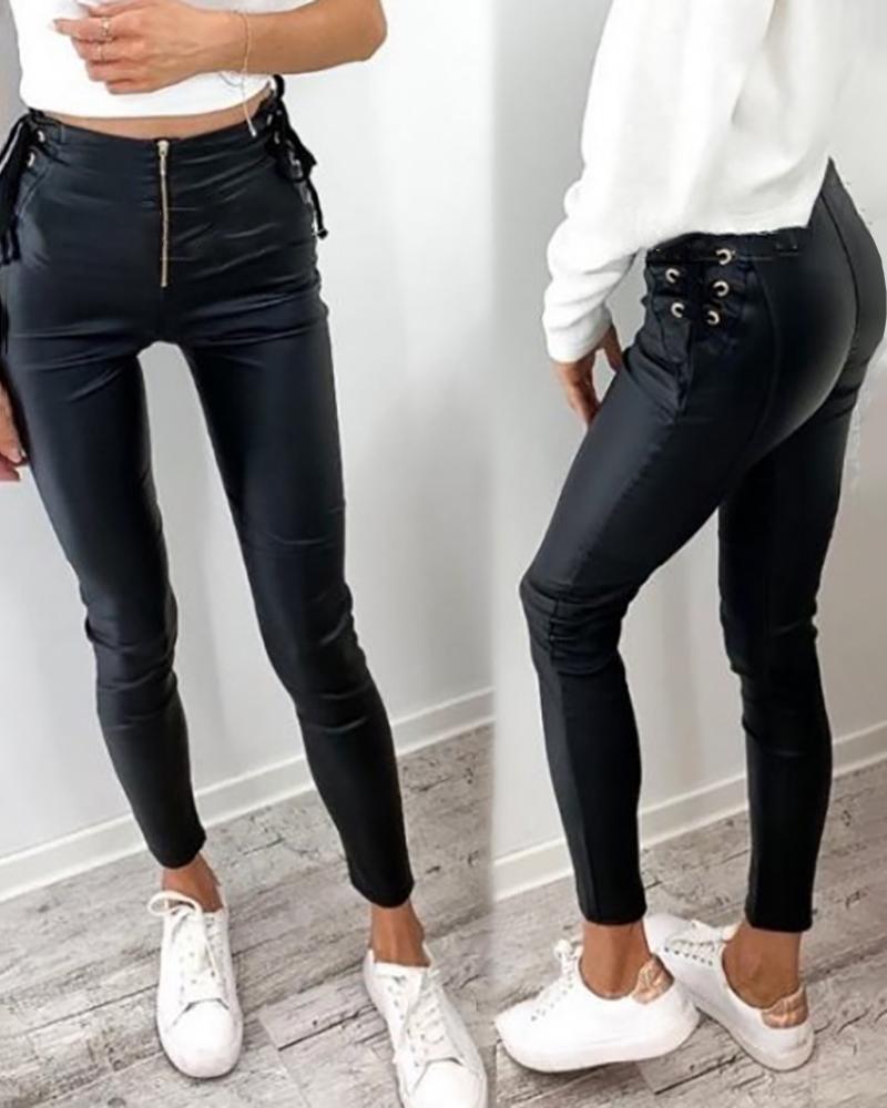 Eyelet Lace up PU Leather Skinny Pants