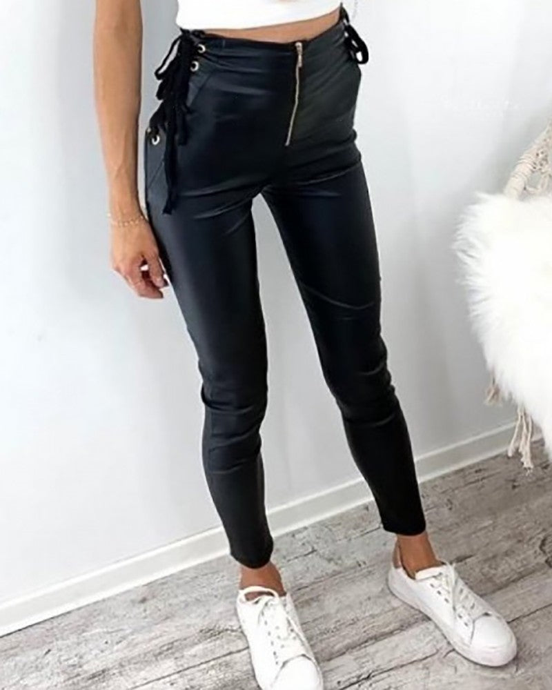 Eyelet Lace up PU Leather Skinny Pants