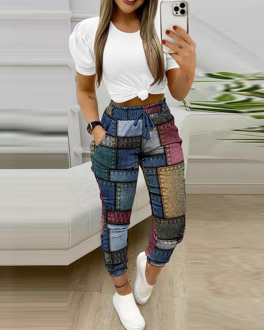 Denim Look Print Drawstring Pants